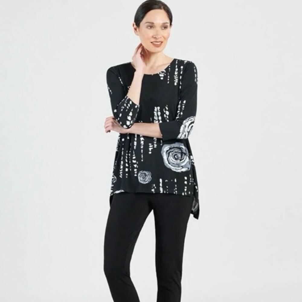 CLARA SUN WOO Women's L Abstract Rose Scatter Slinky Tunic Top Black White Gray